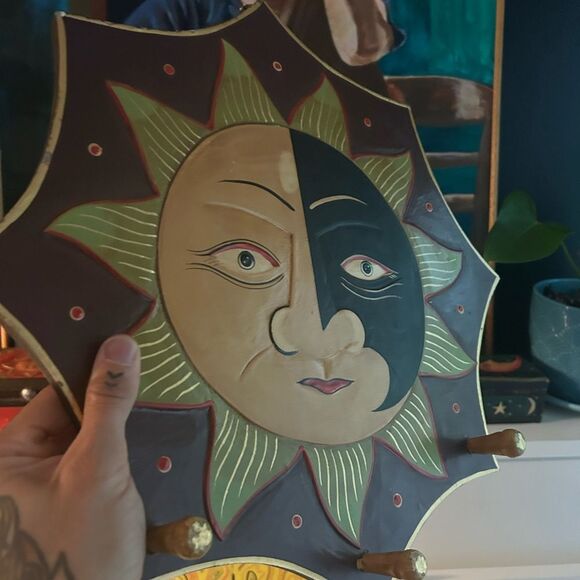 Celestial Sun Wall Art Folk Art in Black and Gold 3 Hangers 90s Whimsygoth 16.5" - Picture 2 of 12